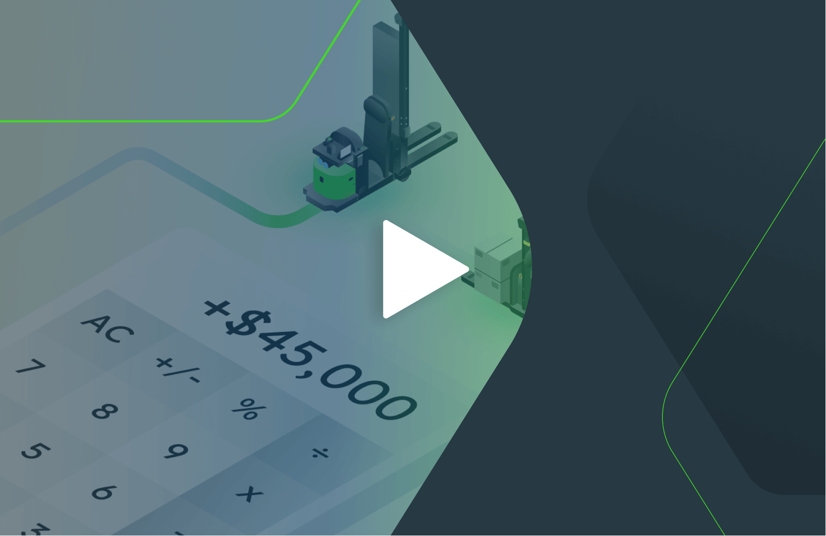 White play button icon on an illustration of a calculator